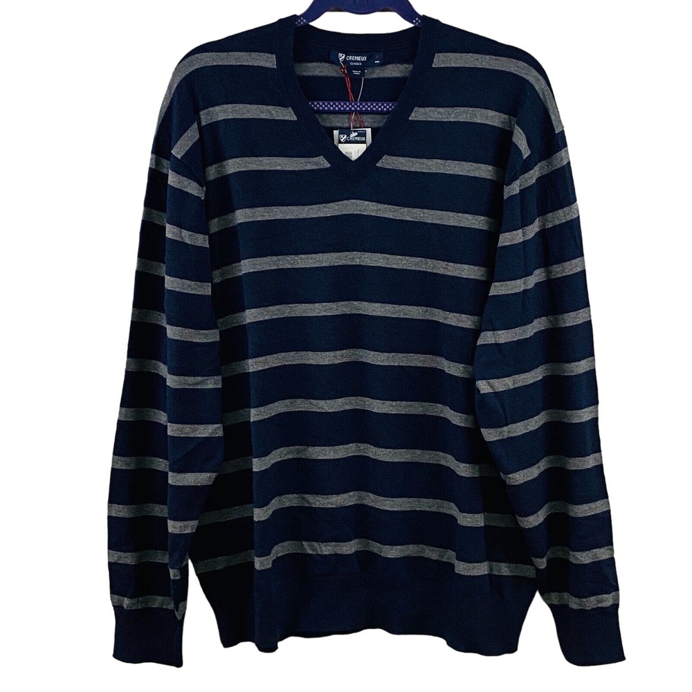 Mens XL Cremieux Classics Sweater V-Neck Knit Blue Gray Stripe Cotton Silk Blend